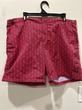 HUGO BOSS Orofish Swim Shorts, trunks red geometric, button closure, pockets. XL